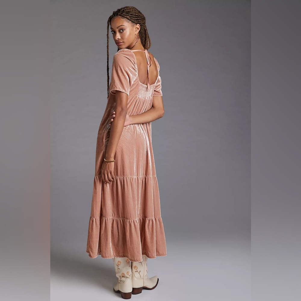 Anthropologie Pink Velvet Empire Waist Midi Dress